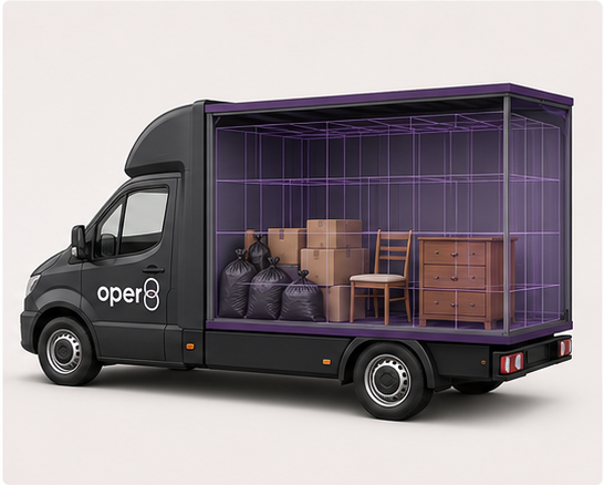 oper8-branded box van showing a medium clearance load with boxes, a chair and a chest of drawers