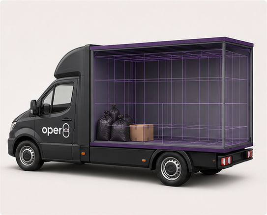 oper8-branded box van showing a mini clearance load of bags and a small box