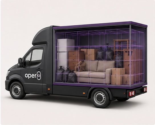 oper8-branded box van representing an extra-large clearance load with furniture and bags