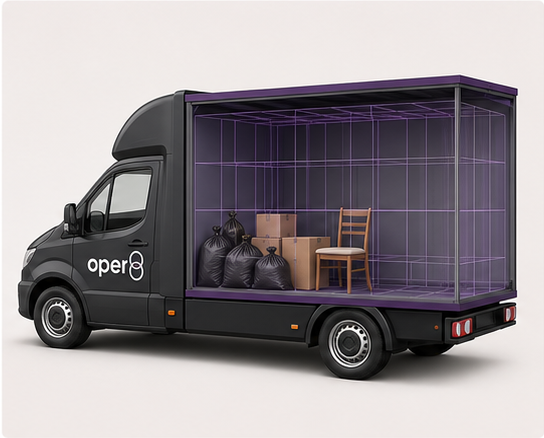 oper8-branded box van showing a small clearance load with bags, boxes and a chair