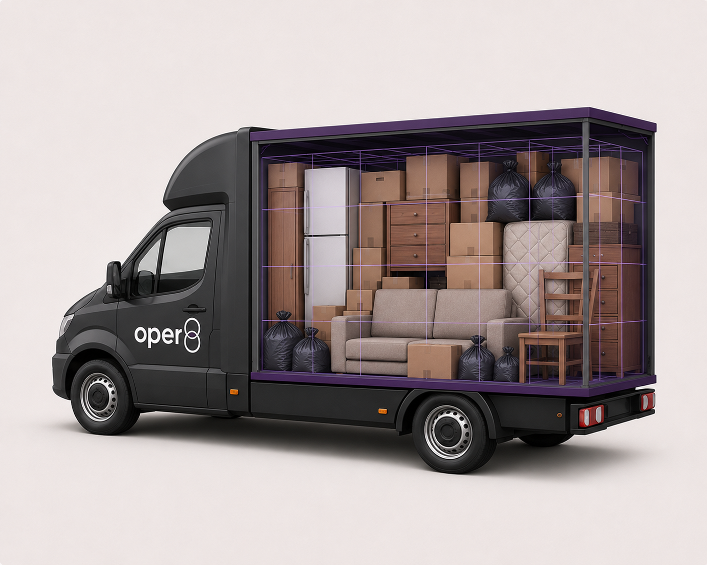 oper8-branded box van fully loaded with sofa, mattress, wardrobes, fridge and bags