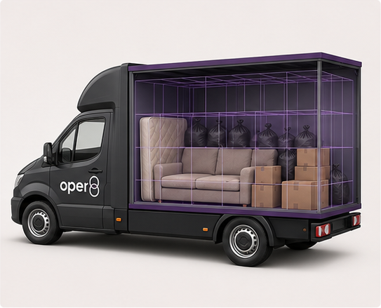 oper8-branded box van showing a large clearance load with a sofa, bags and boxes