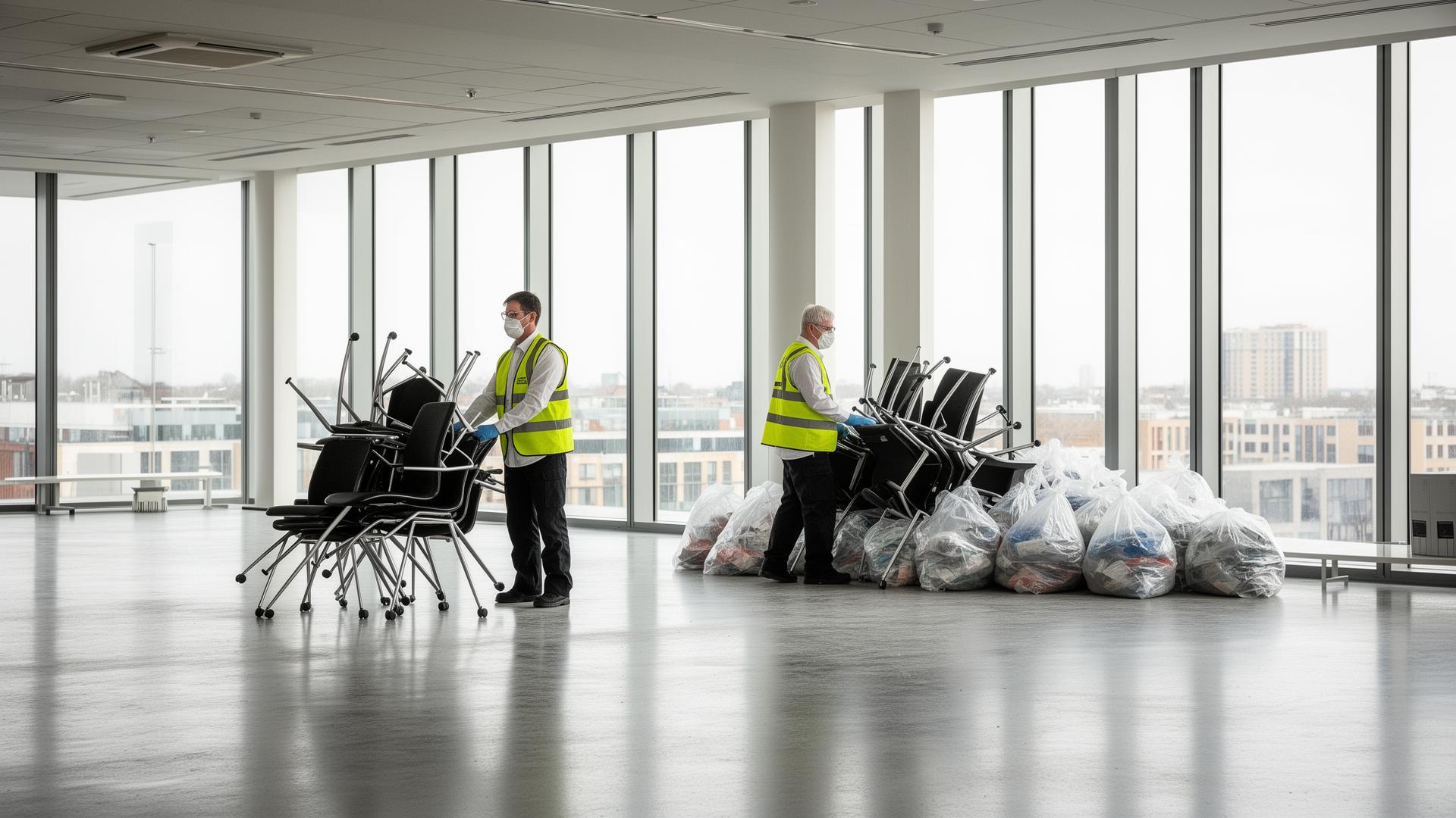 Clearance operatives in hi-vis stacking chairs and waste sacks in an empty office floor