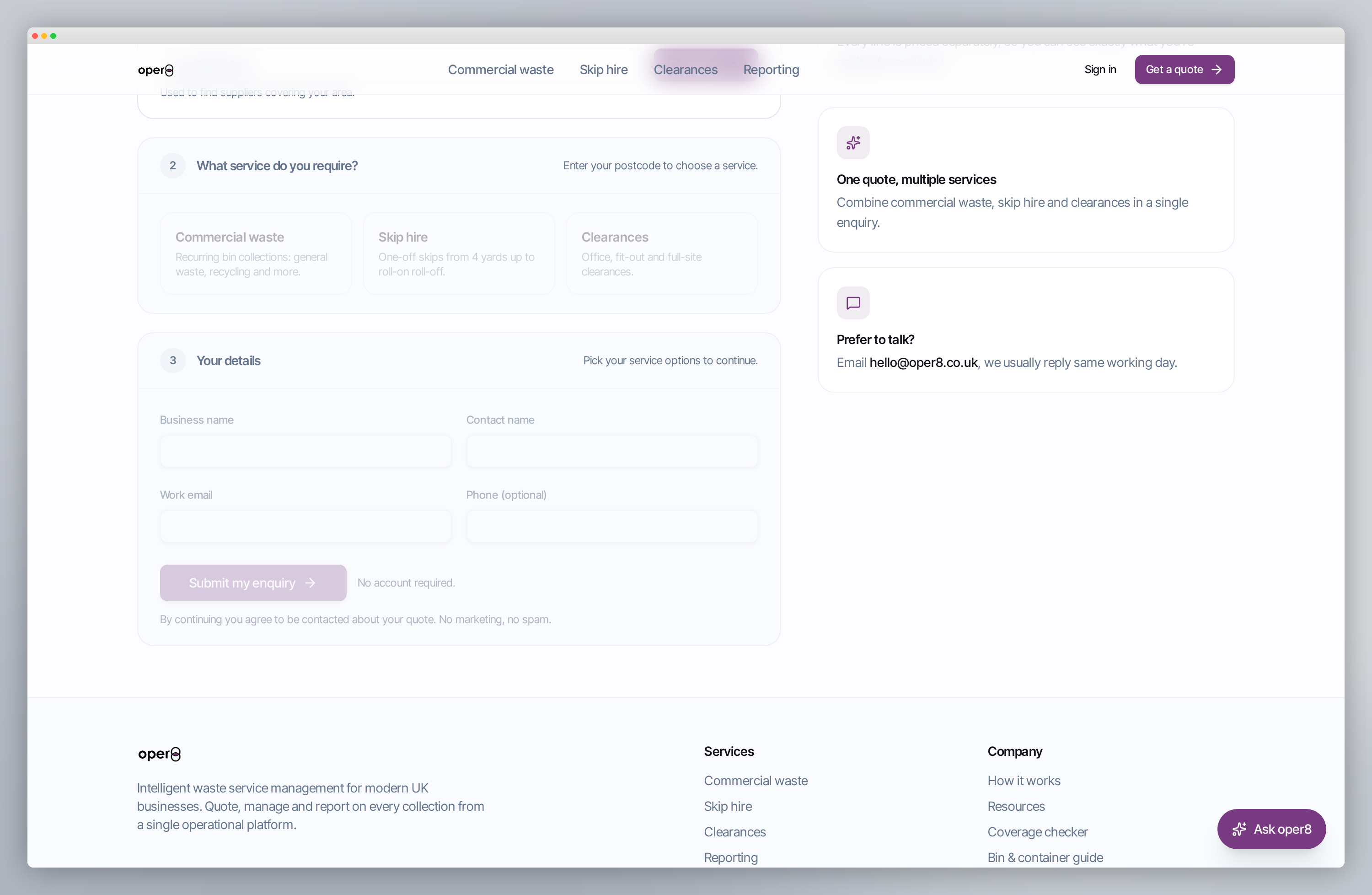 oper8 get-a-quote form showing service selection and contact fields